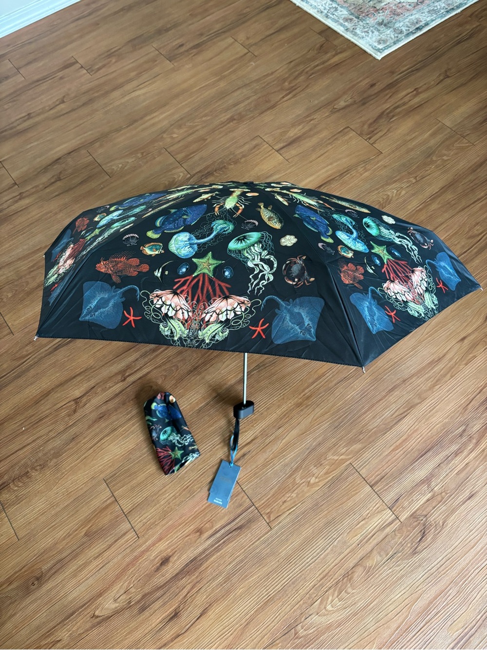 Compact Black Umbrella with Colorful Sea Creature Print. - Picture 2 of 9